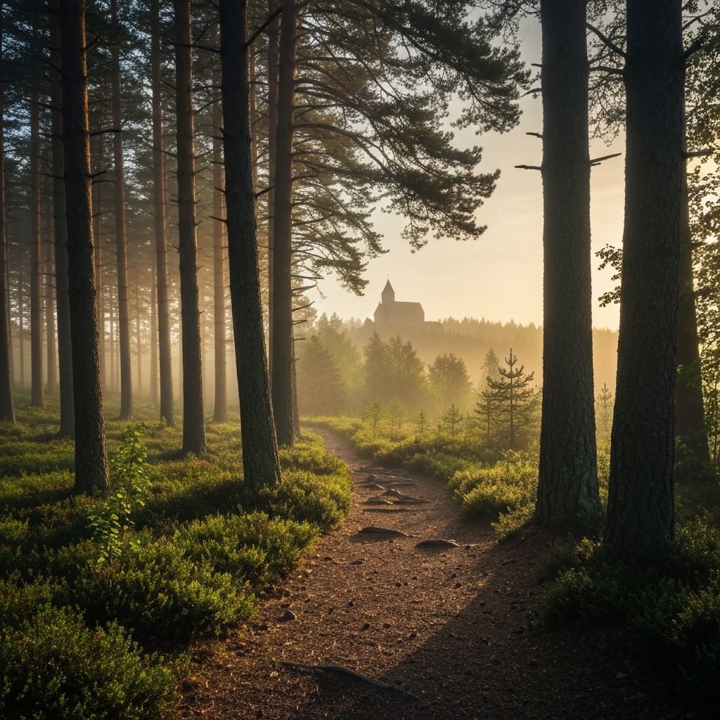 Dimhöljd pilgrimsled i skandinavisk skog leder mot en kyrka